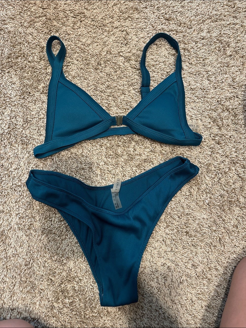Teal Ribbed Triangle Bikini Set - Women Swim